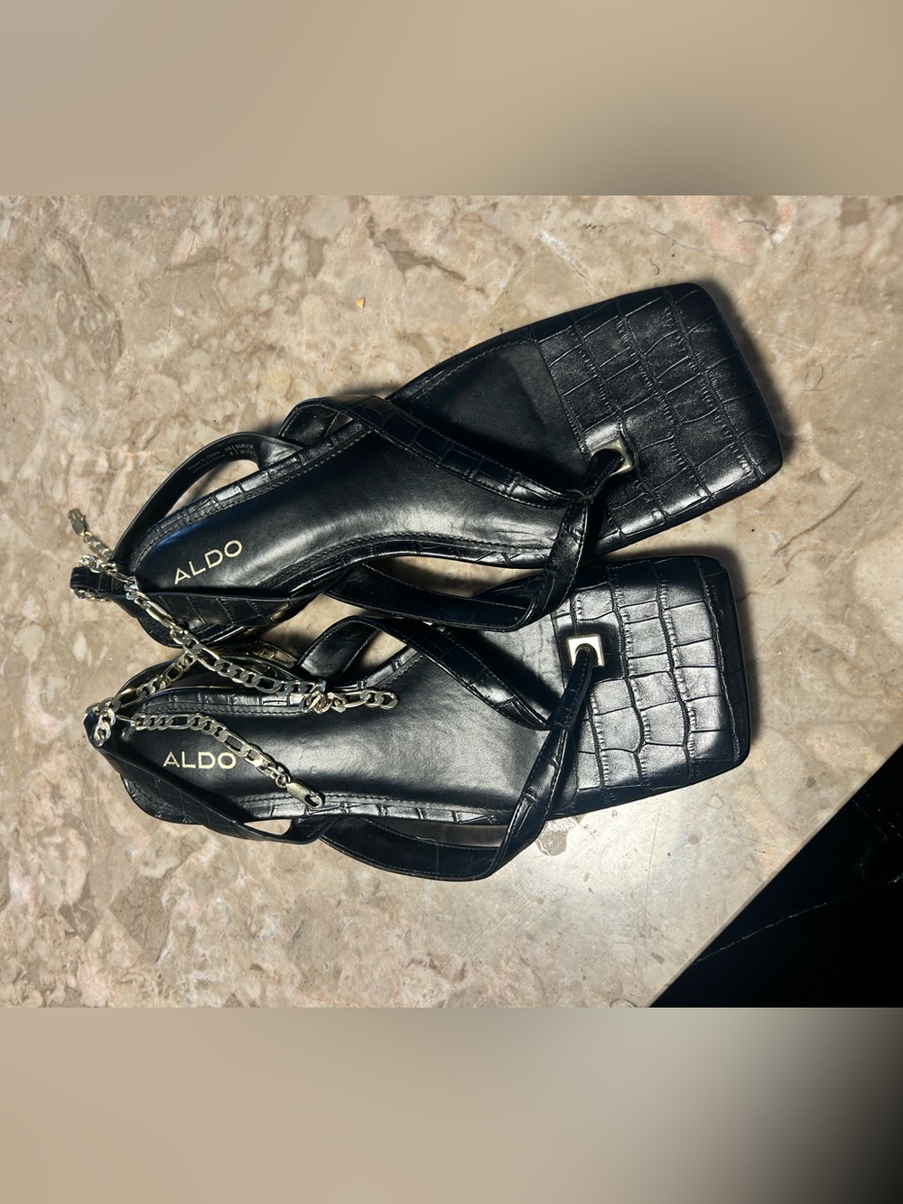 ALDO Black Croc-Embossed Strappy Sandals with Silver Chain